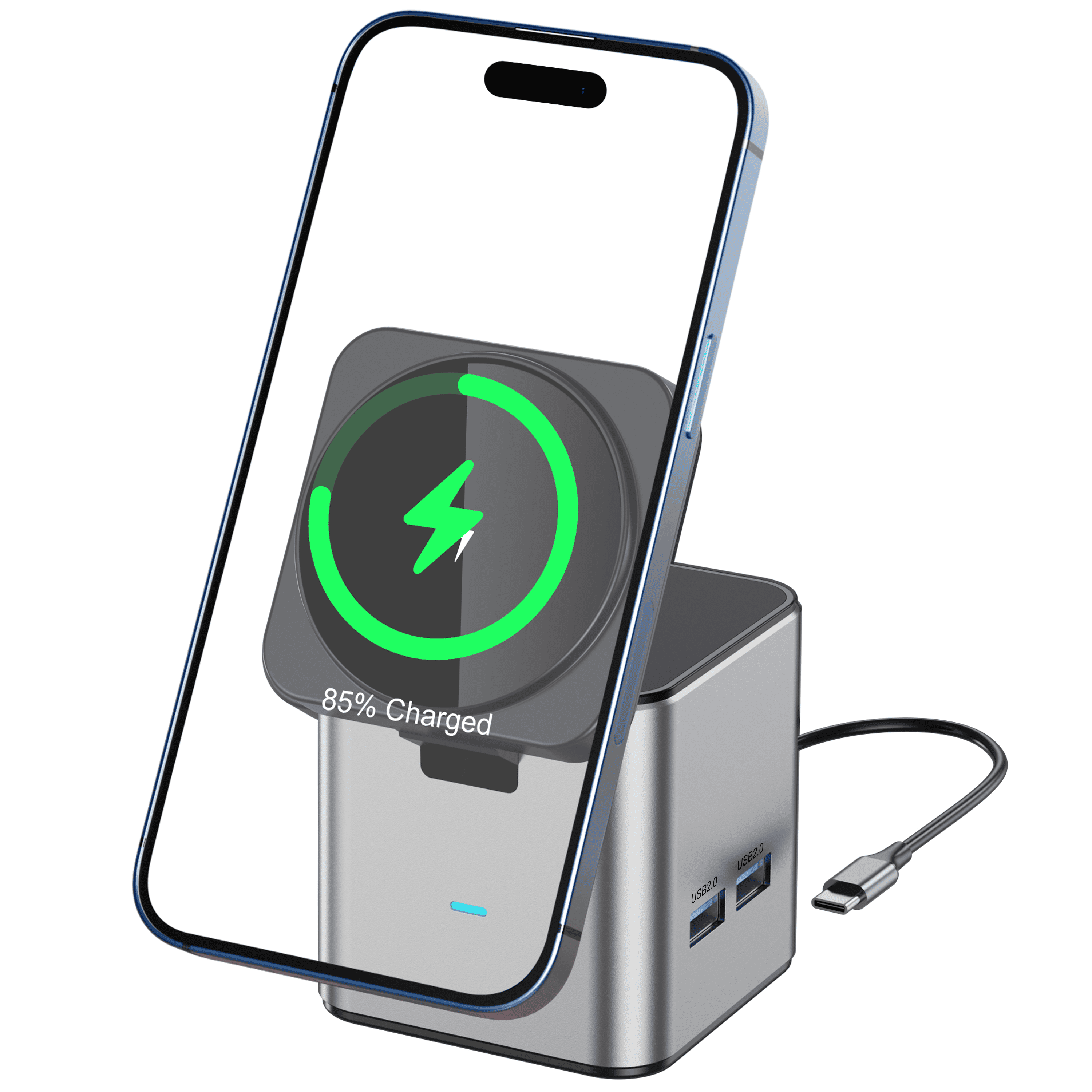 W15 7-in-1 Built-in Cable Magnetic 15W Wireless Charging Type-C Docking Hub