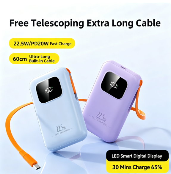 CW‑384 Retractable Cable Super Fast Charging Power Bank