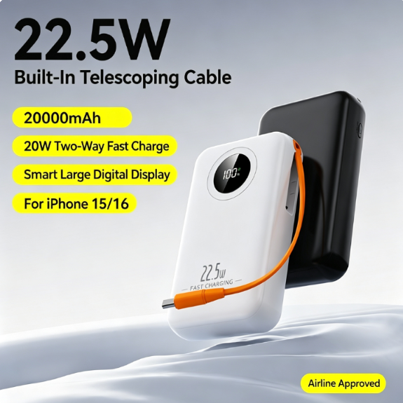 CW‑389DX Retractable Cable Super Fast Charging Power Bank