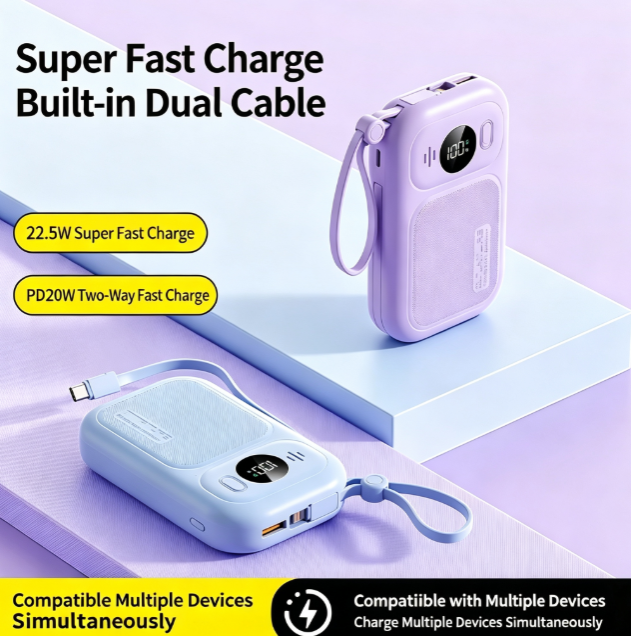 CW‑062BY 20000mAh Super Fast Charging Dual Built‑in Cables Power Bank