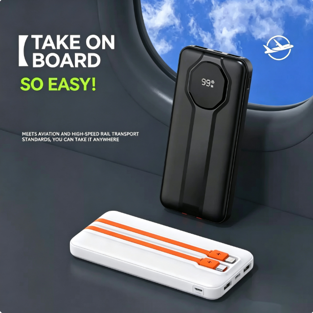 CW-068KC 22.5W Super Fast Charging 10000mAh Airline Approved Power Bank with Built-in Cables