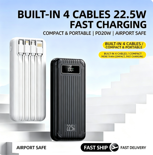 CW-074KC 22.5W Super Fast Charging 10000mAh Power Bank With 4 Built-in Cables Airline Allowed