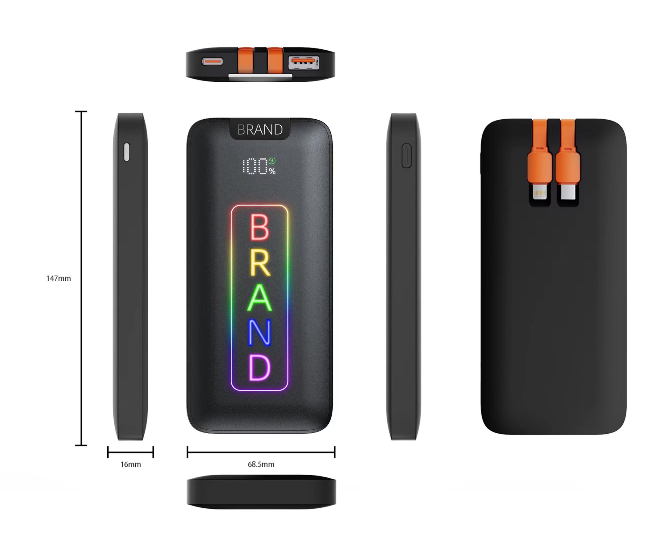 CW-076CP Super Fast Charging Power Bank with RGB Glowing Logo and Built-in Cables