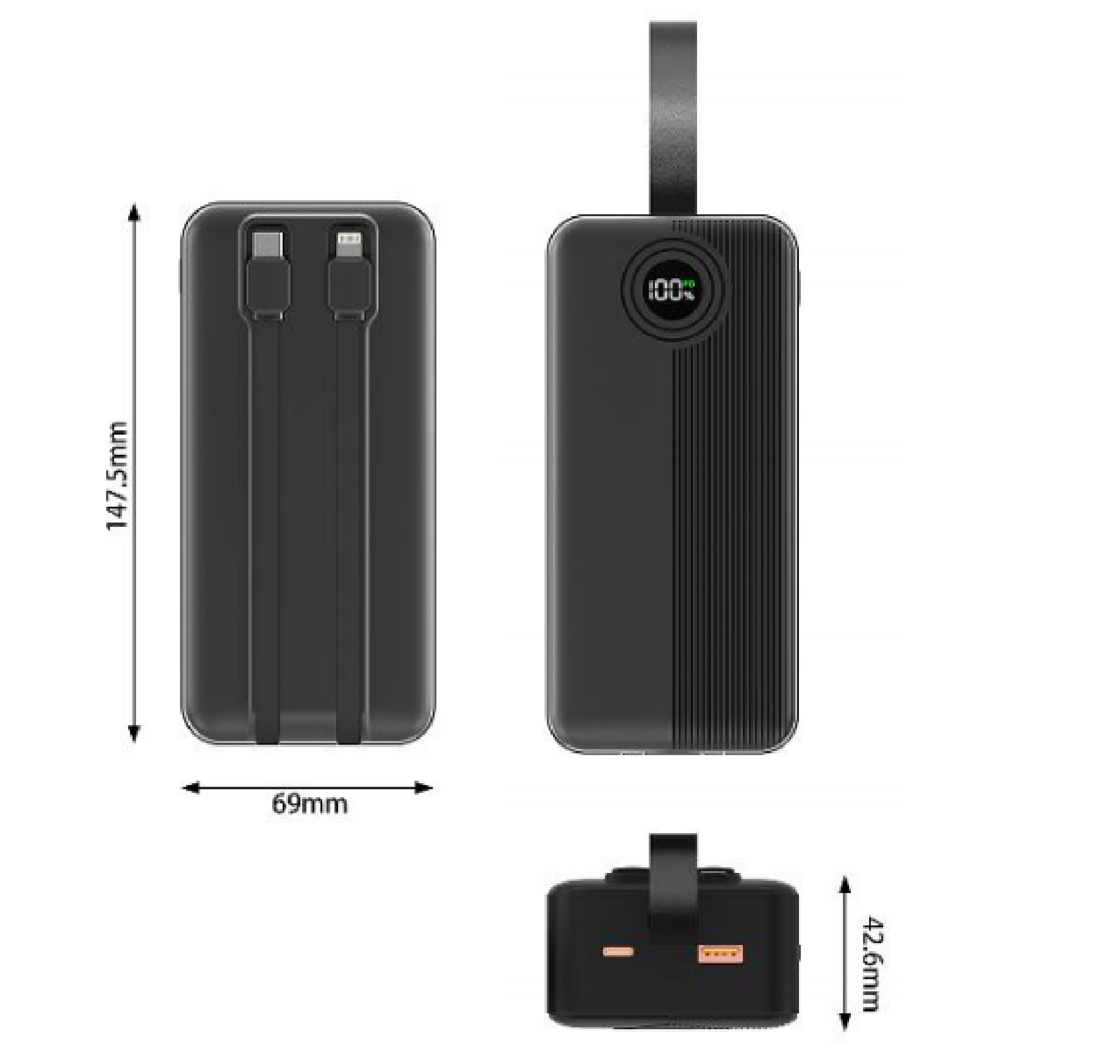 CW-090KQC 22.5W 30000mAh Large Capacity Built-in Cables Circular Display Power Bank With Hand Strap