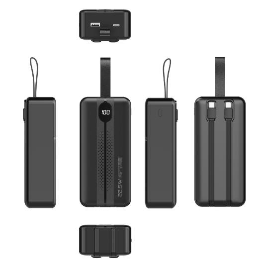 CW-092QC 22.5W 30000mAh Large Capacity Built-in Cables Perforated Texture Power Bank With Hand Strap