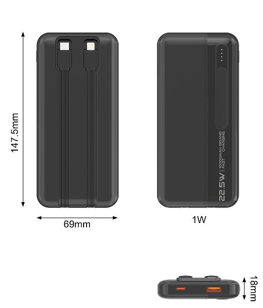 CW-095QC 22.5W 10000mAh Built-in Dual Cables Super Fast Charging Power Bank