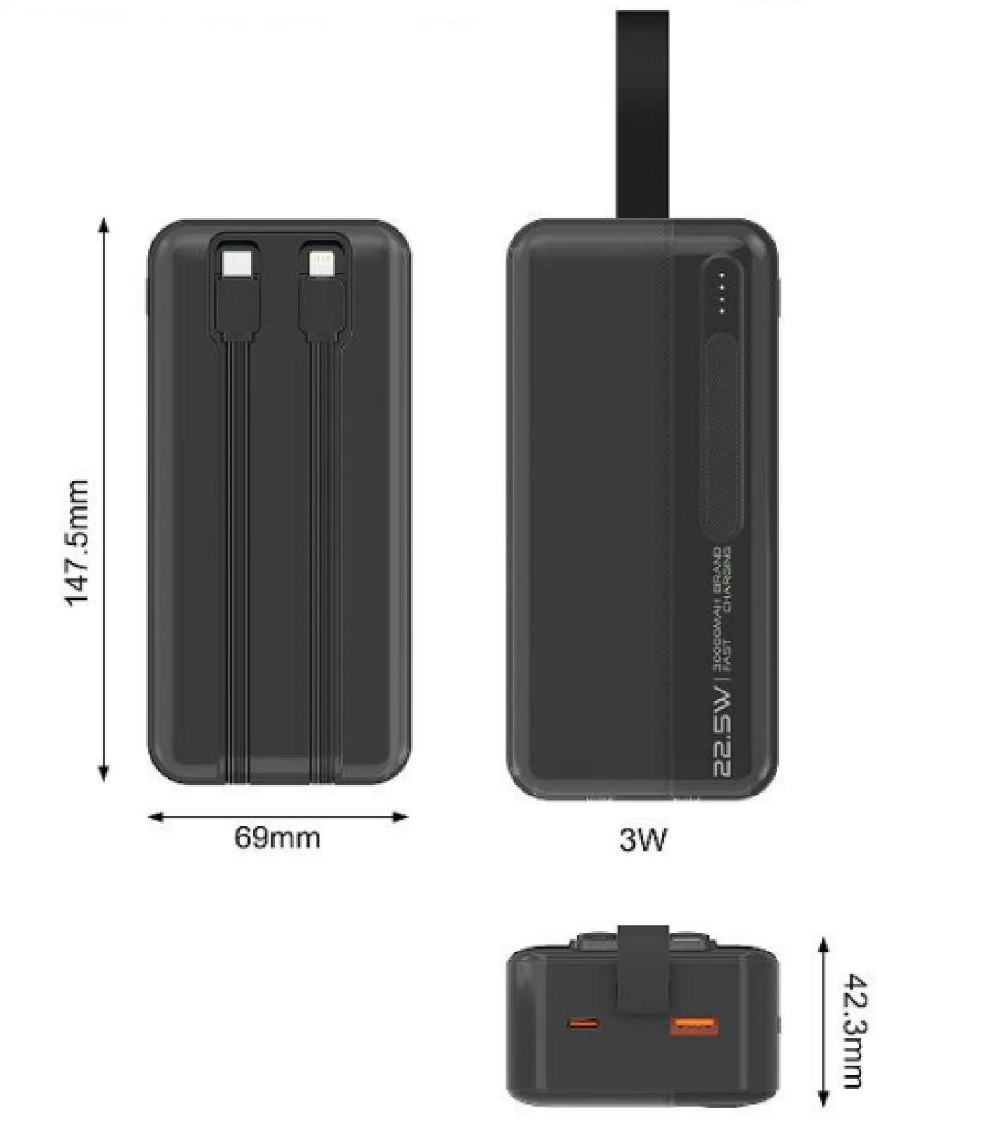 CW-096QC 22.5W 30000mAh Large Capacity Built-in Dual Cables Power Bank With Hand Strap