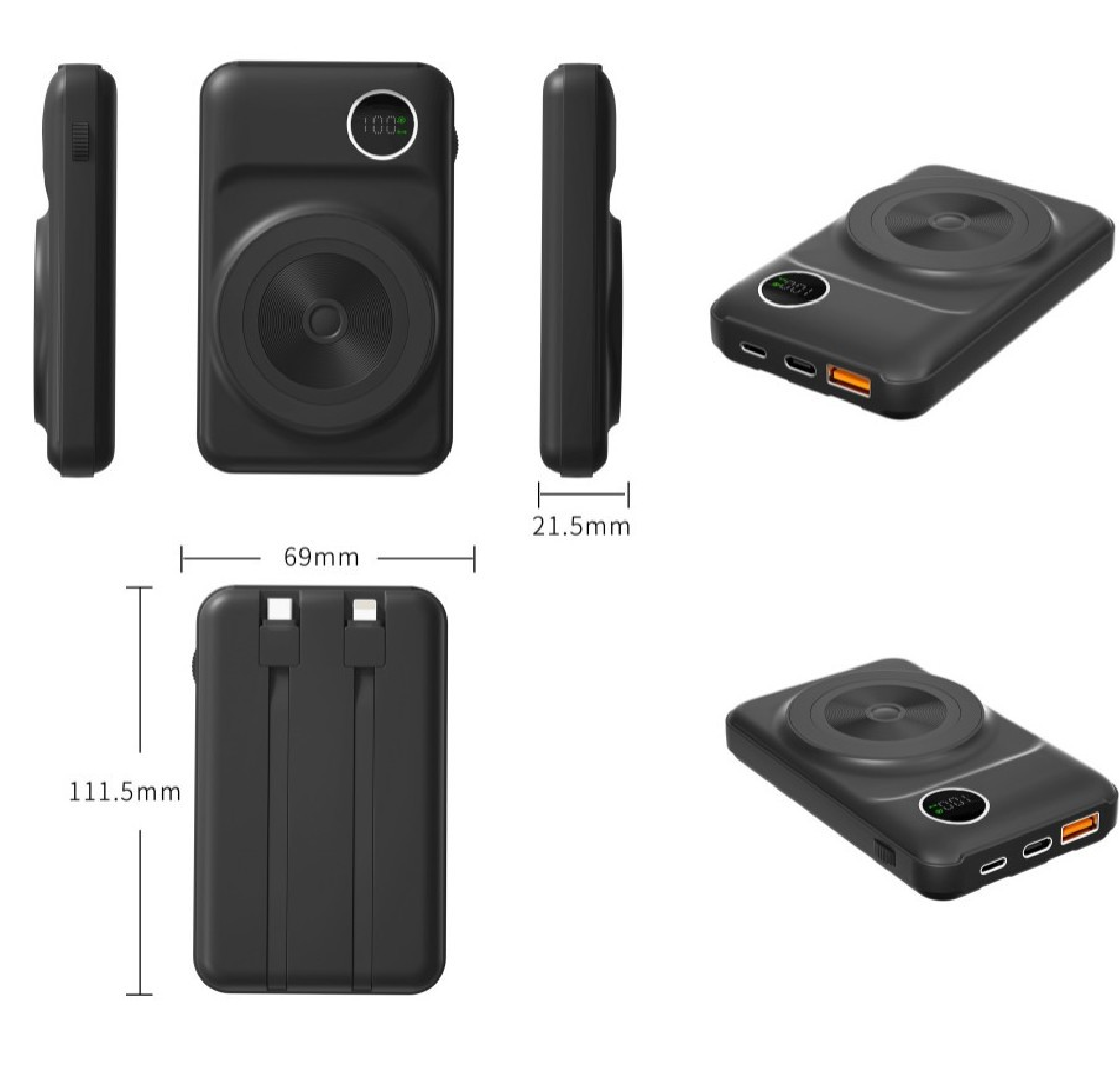 CW-051PT 10000mAh Magnetic Wireless Power Bank With Built-in Cables