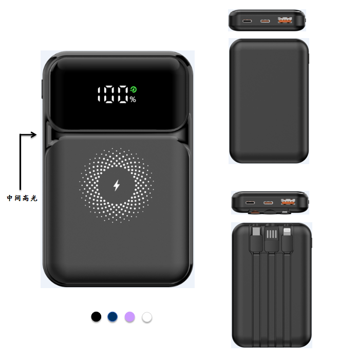 CW-H28B 10000mAh Built-in 3 Cables Wireless Charging Power Bank With Digital Display