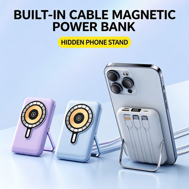 CW-WX027T 10000mAh Built-in Cables Magnetic Wireless Power Bank With Hidden Phone Holder
