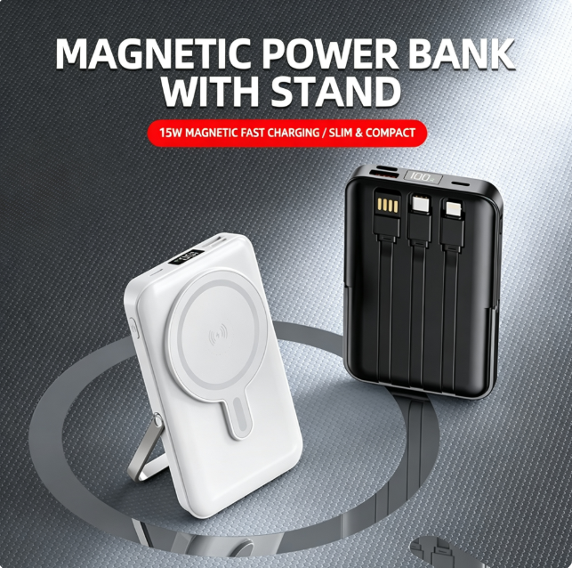 CW-W026T 10000mAh Built-in Cables Magnetic Wireless Power Bank With Stand