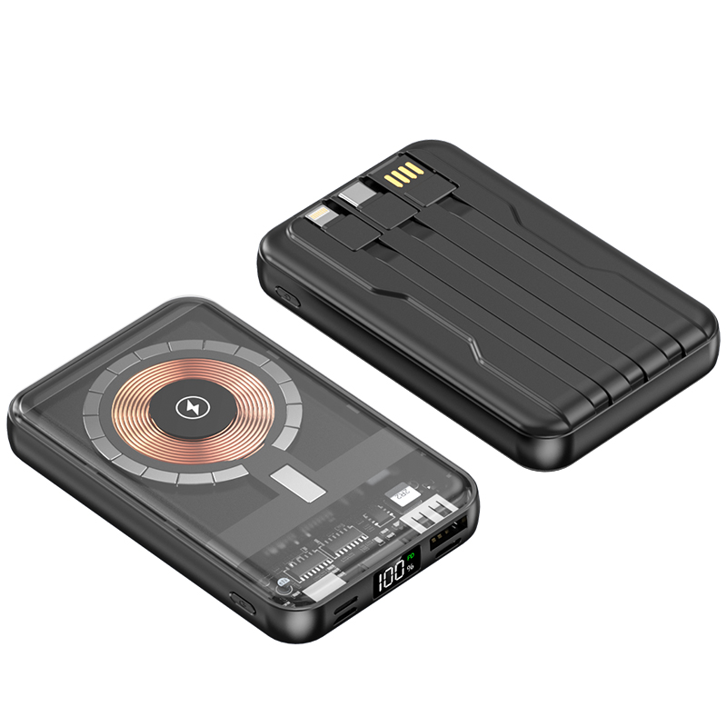 CW-DX128T 10000mAh Transparent Shell Built-in 3 Cables Magnetic Wireless Power Bank